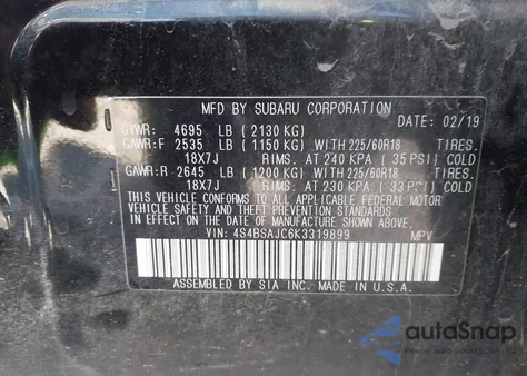 2019 Subaru Outback 2.5I Limited from USA, damaged, VIN 4S4BSAJC6K3319899